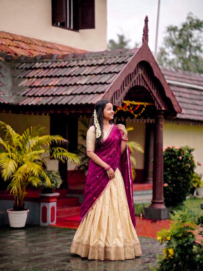 Cream Lehenga with Zari Border Dupatta