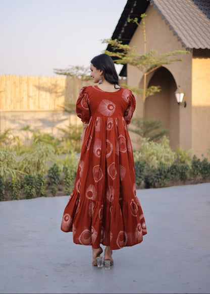Boho Block Print Cotton Midi Dress