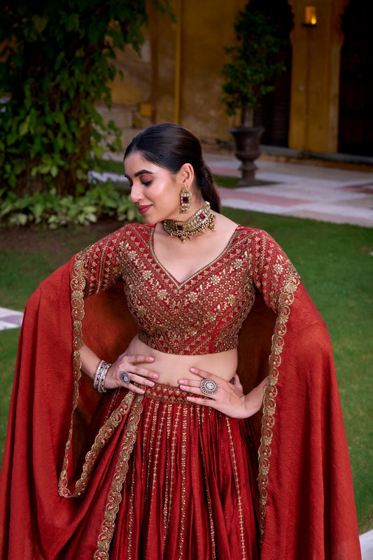 Golden Threaded Rust Red Lehenga