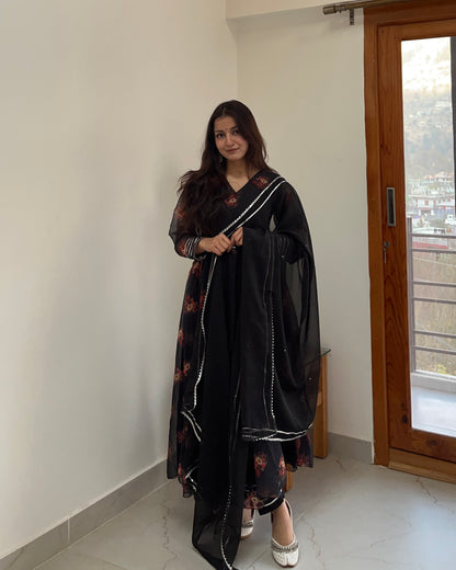 Black Floral-Print Kurta Set