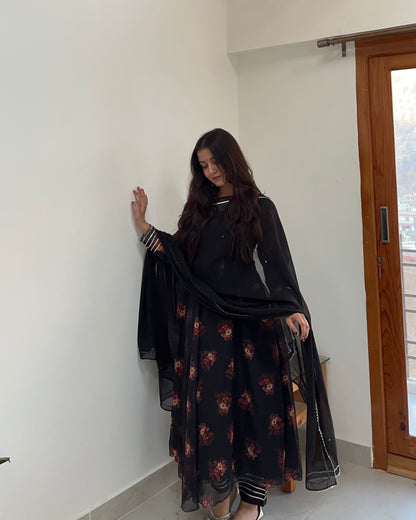 Black Floral-Print Kurta Set