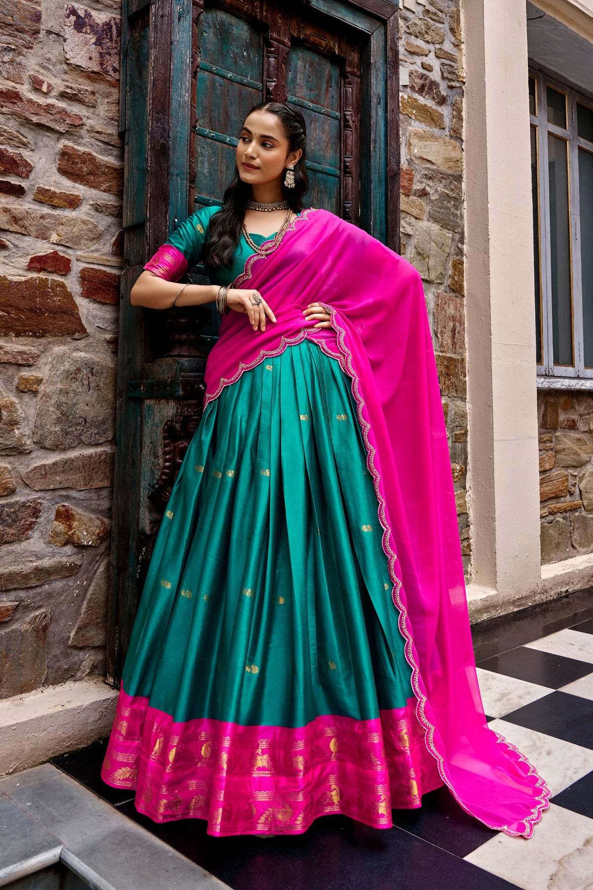 Cotton Silk Checks Lehenga with Zari Weave Border