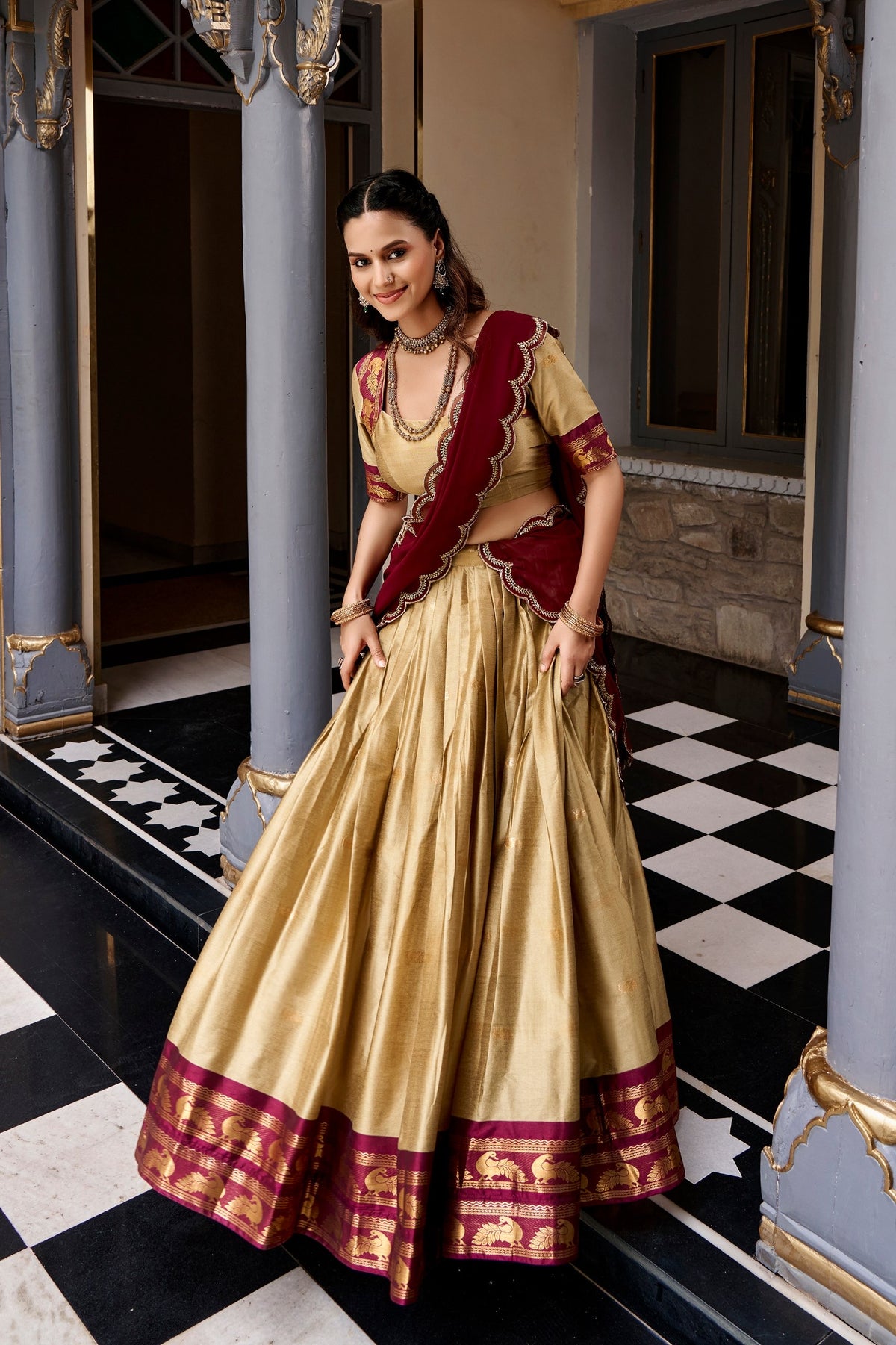 Cotton Silk Checks Lehenga with Zari Weave Border