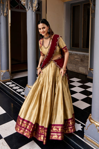 Cotton Silk Checks Lehenga with Zari Weave Border