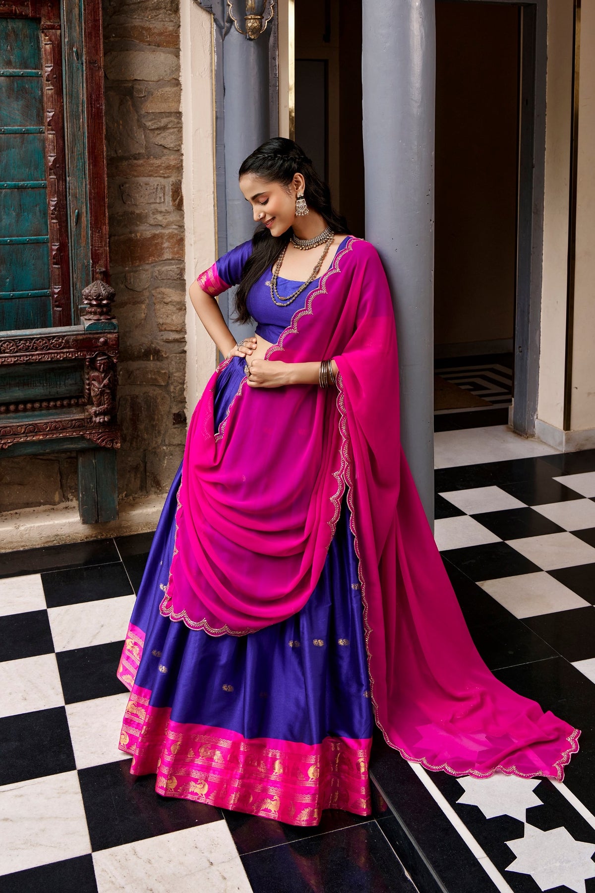 Cotton Silk Checks Lehenga with Zari Weave Border