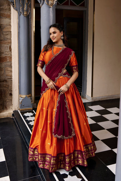 Cotton Silk Checks Lehenga with Zari Weave Border