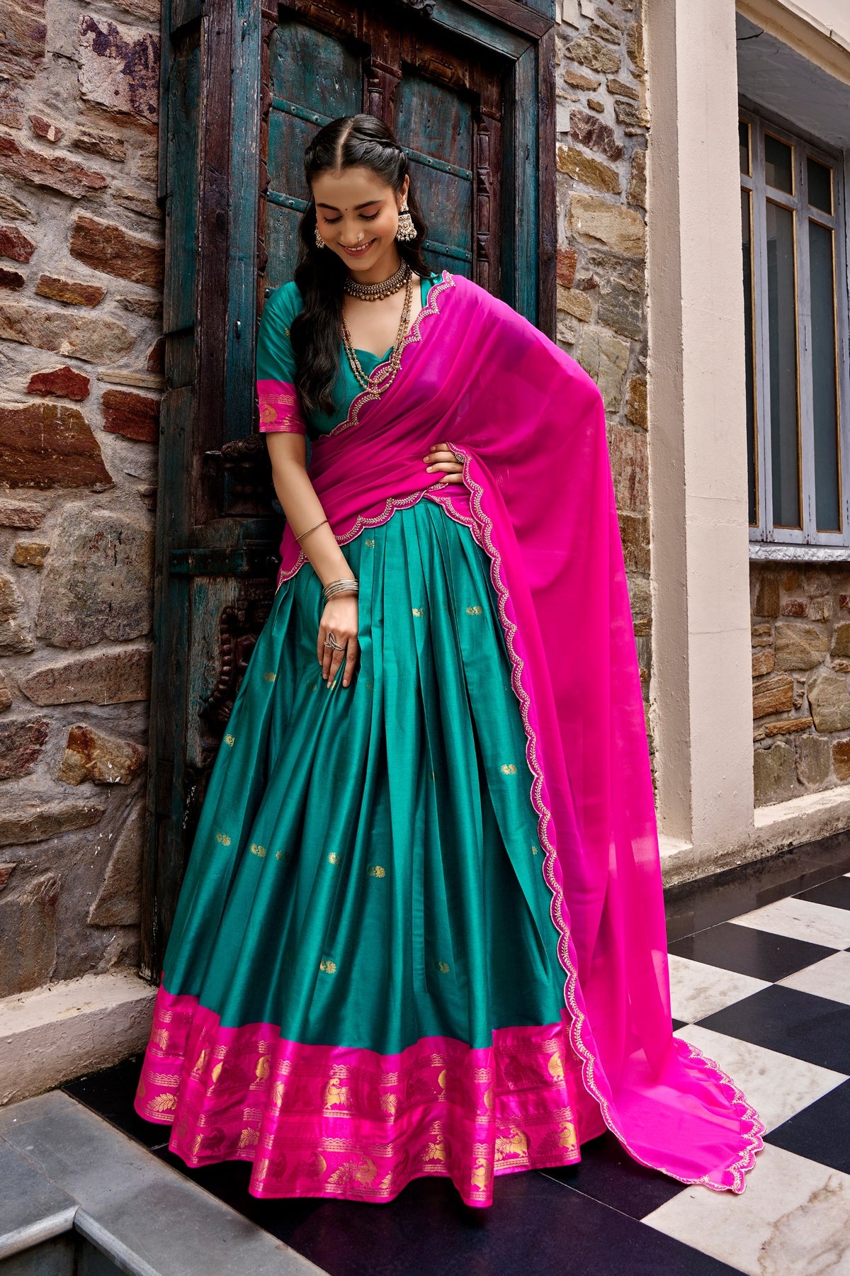 Cotton Silk Checks Lehenga with Zari Weave Border