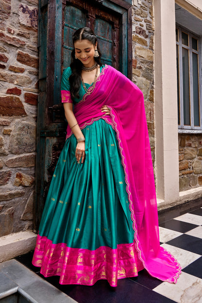 Cotton Silk Checks Lehenga with Zari Weave Border