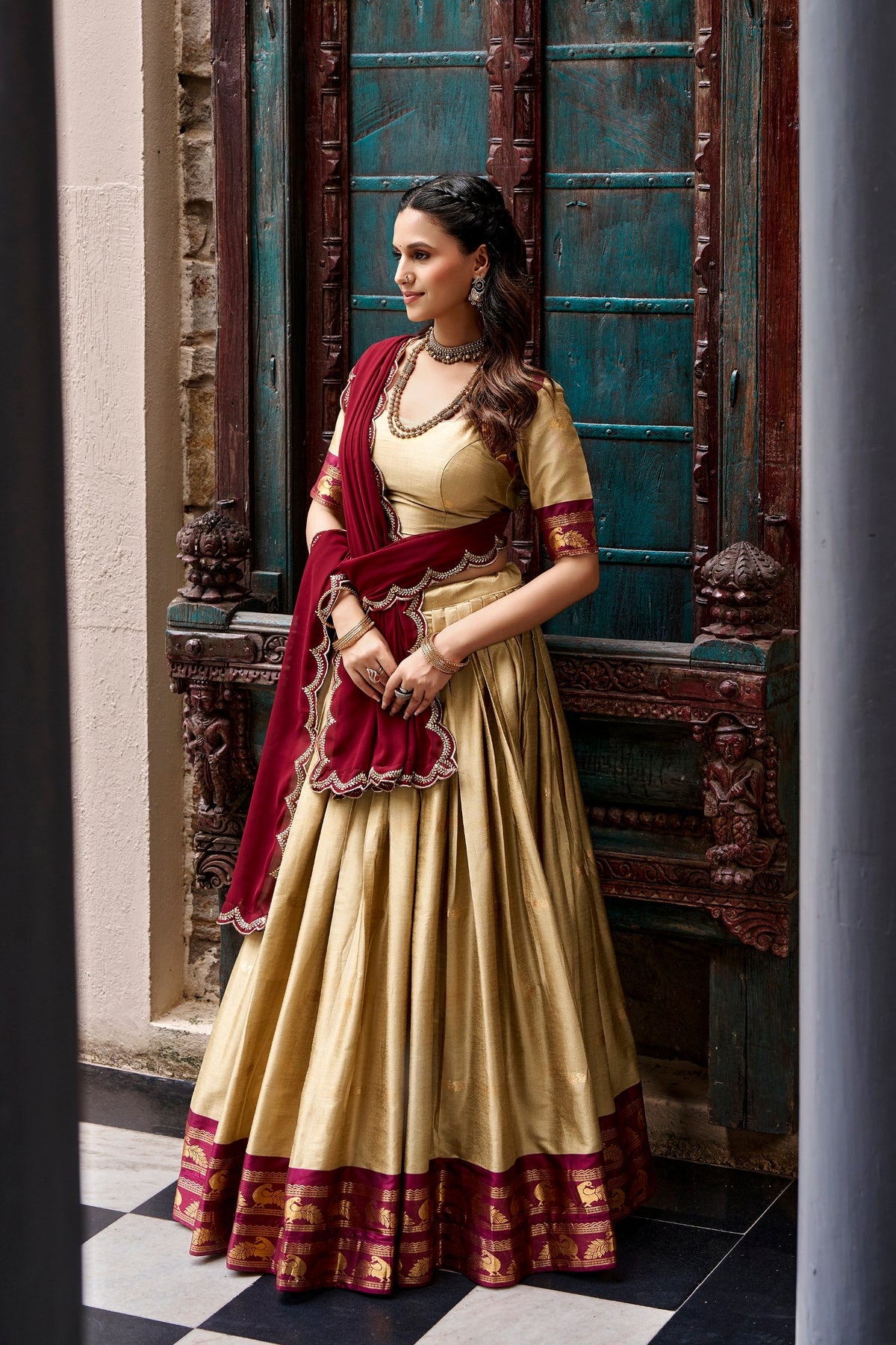 Cotton Silk Checks Lehenga with Zari Weave Border