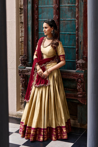 Cotton Silk Checks Lehenga with Zari Weave Border