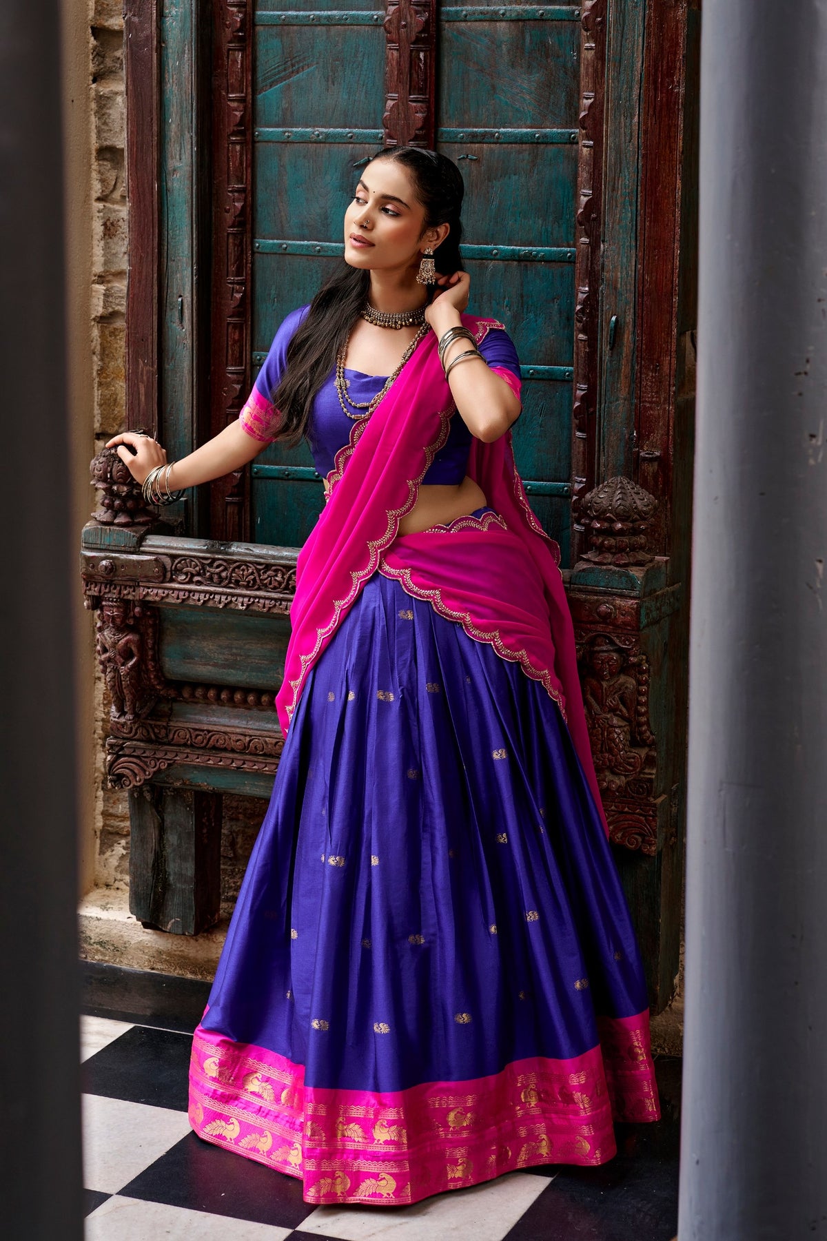 Cotton Silk Checks Lehenga with Zari Weave Border