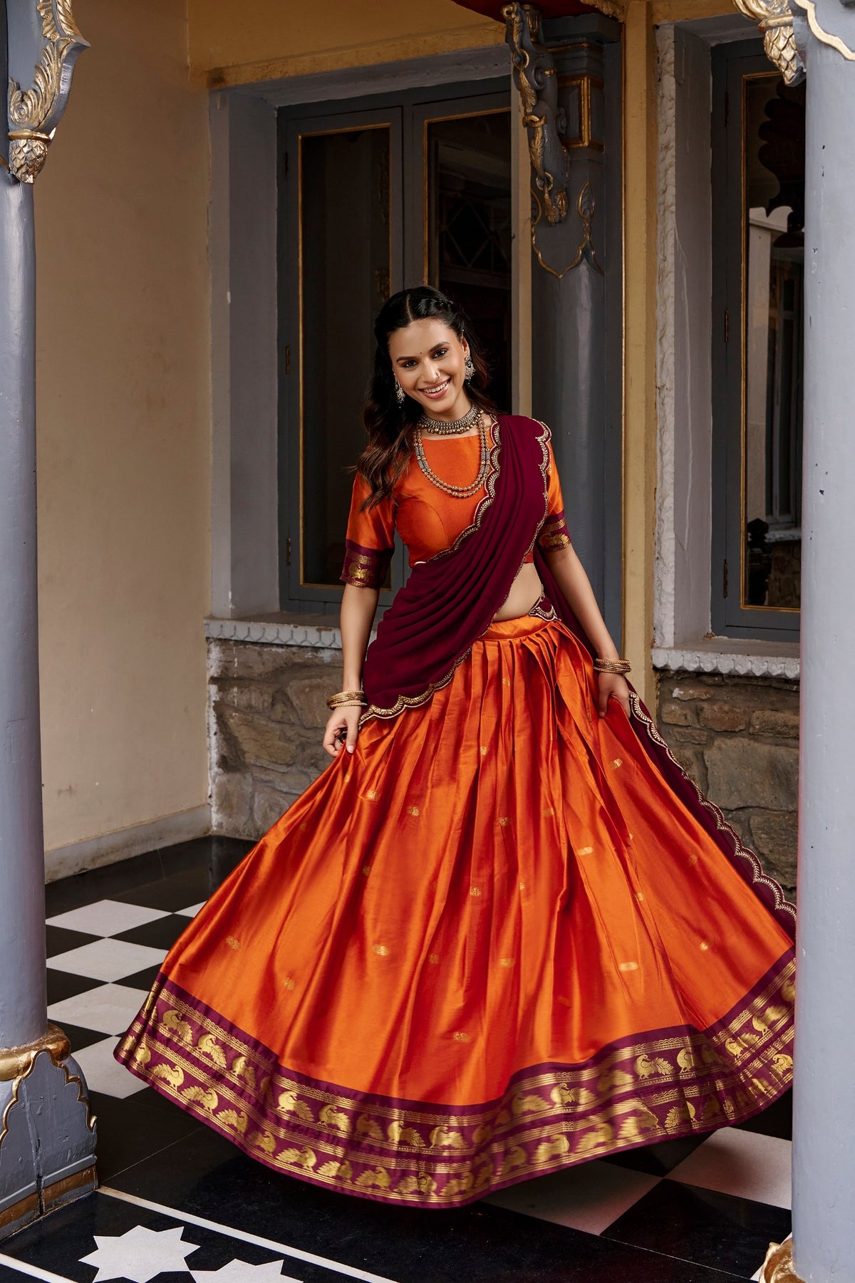 Cotton Silk Checks Lehenga with Zari Weave Border