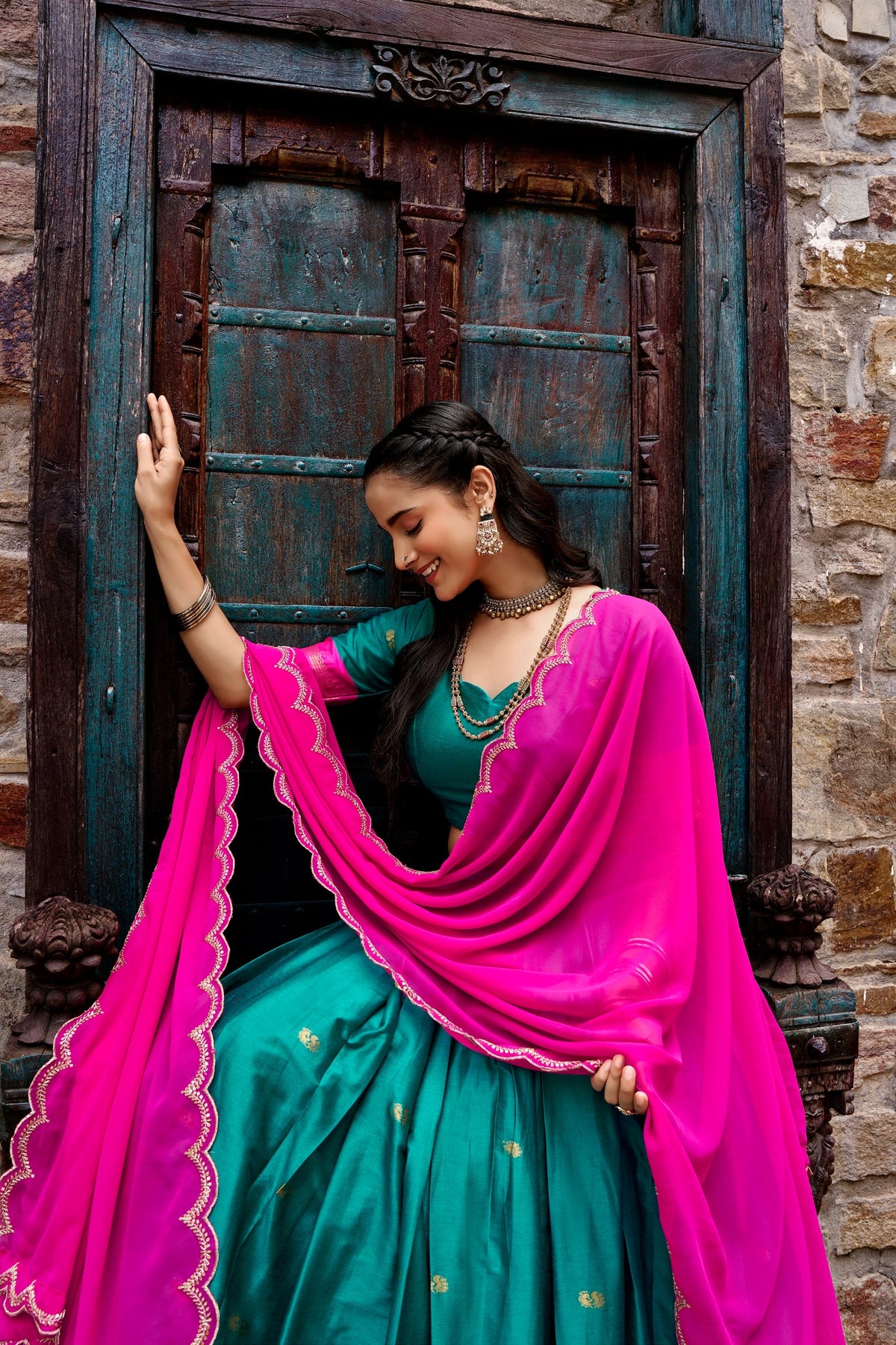 Cotton Silk Checks Lehenga with Zari Weave Border