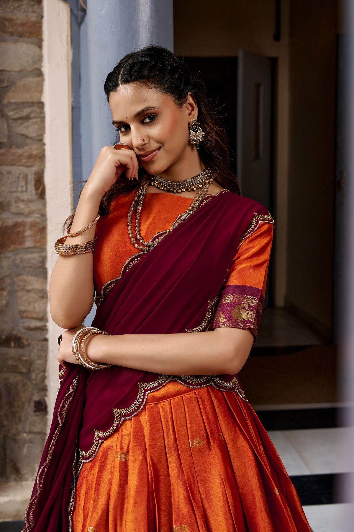 Cotton Silk Checks Lehenga with Zari Weave Border