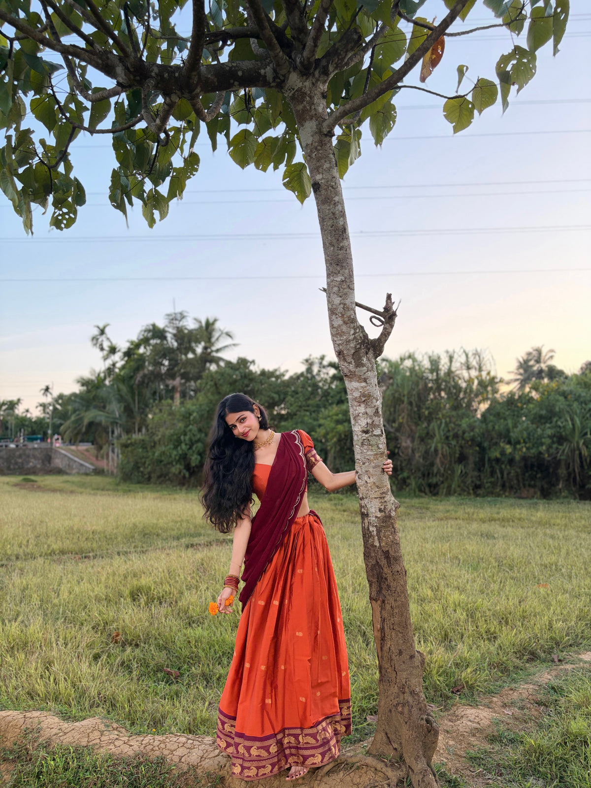 Tangerine Cotton Silk Lehenga with Zari Weave Border