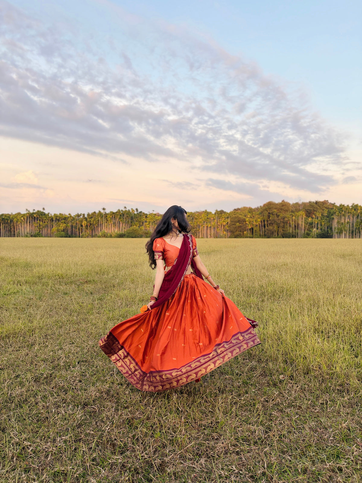 Tangerine Cotton Silk Lehenga with Zari Weave Border