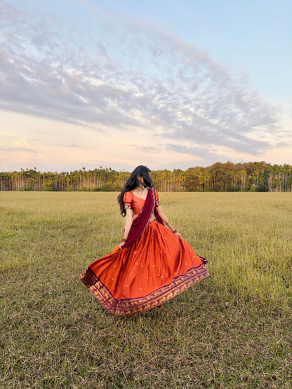Tangerine Cotton Silk Lehenga with Zari Weave Border