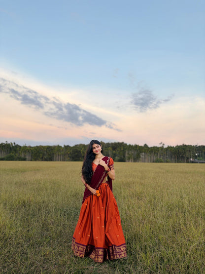 Tangerine Cotton Silk Lehenga with Zari Weave Border