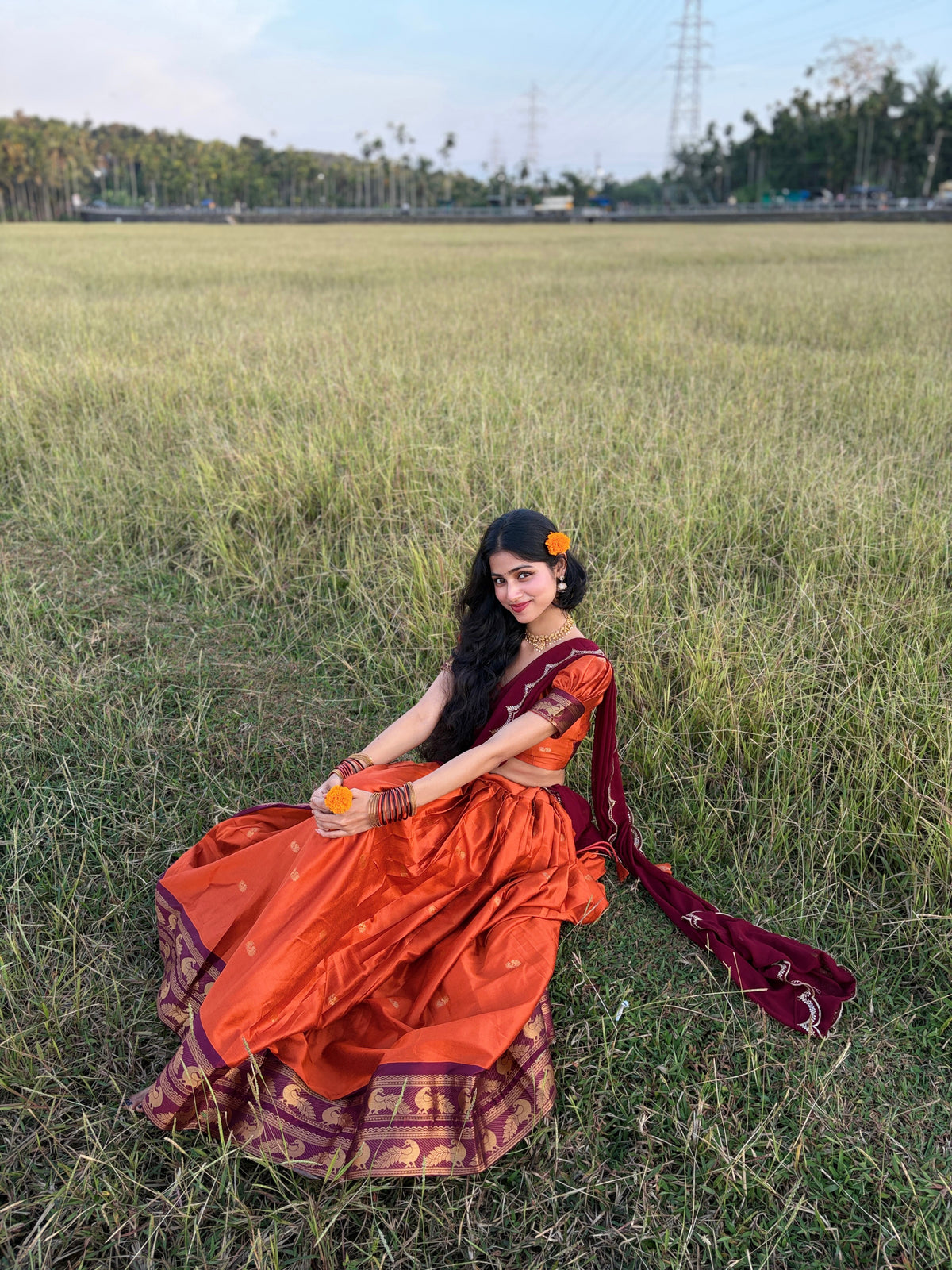 Tangerine Cotton Silk Lehenga with Zari Weave Border