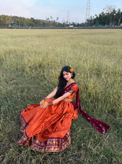 Tangerine Cotton Silk Lehenga with Zari Weave Border