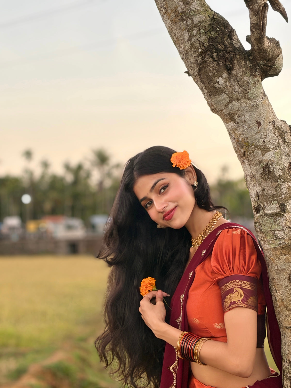 Tangerine Cotton Silk Lehenga with Zari Weave Border