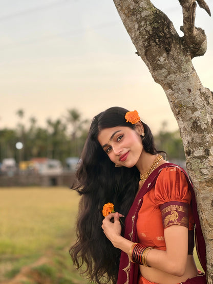 Tangerine Cotton Silk Lehenga with Zari Weave Border