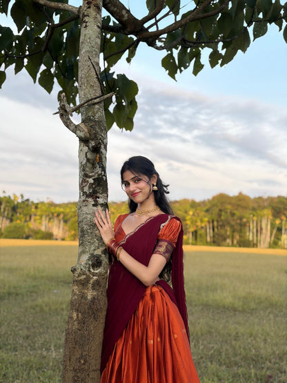 Tangerine Cotton Silk Lehenga with Zari Weave Border