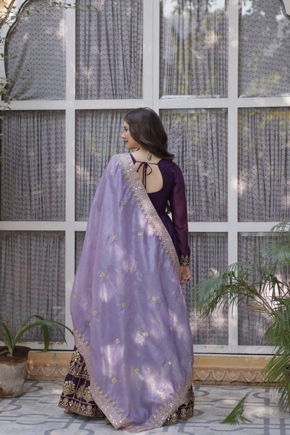 Purple Sequins Embroidered Gown With Dupatta