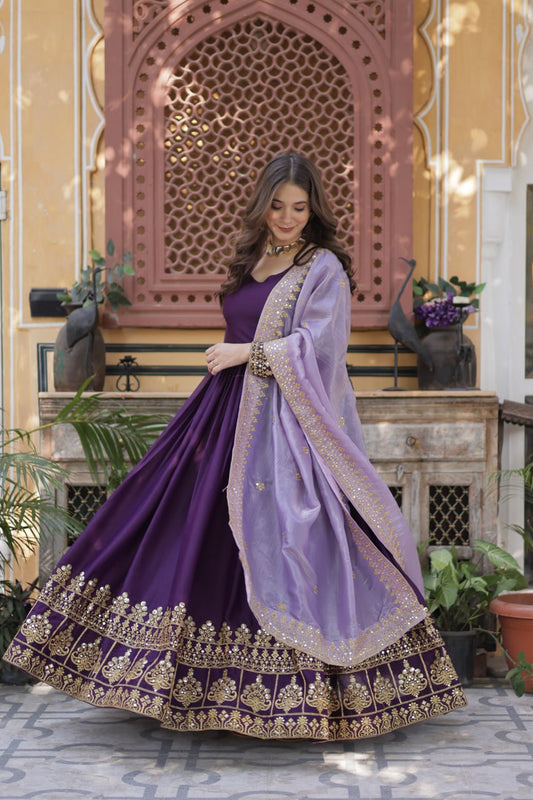 Purple Sequins Embroidered Gown With Dupatta
