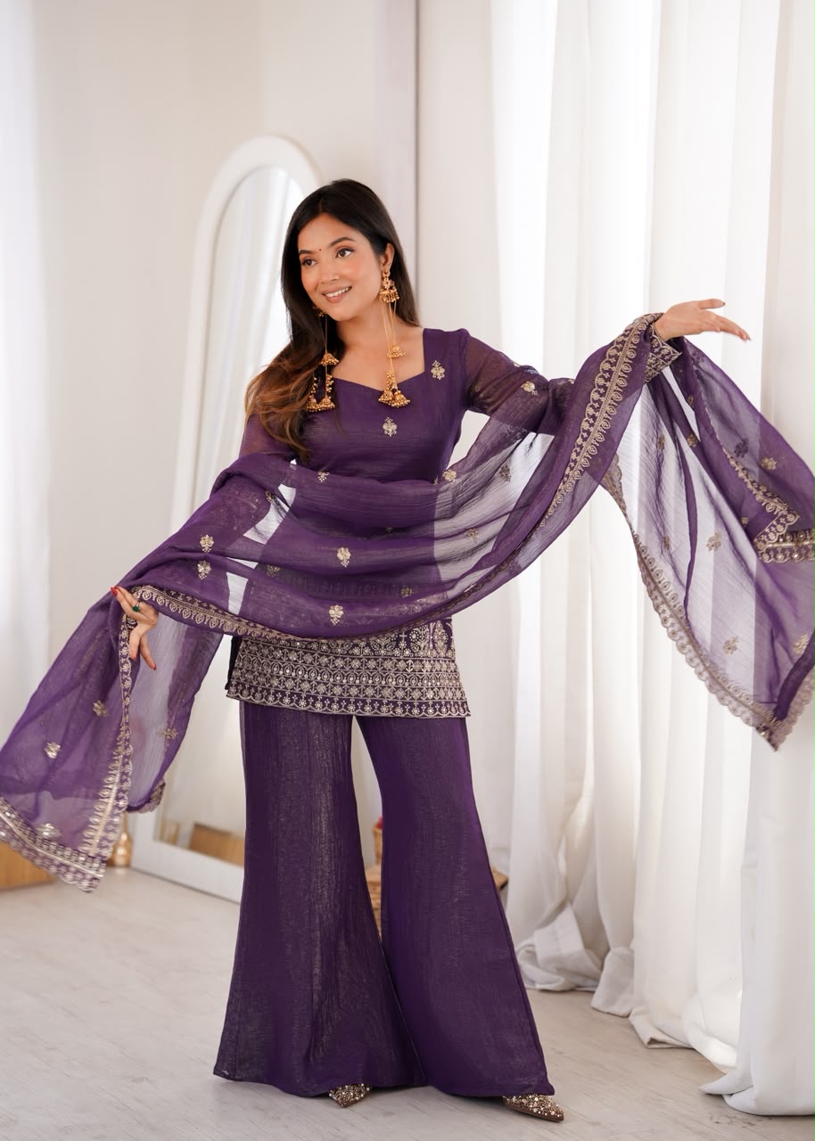 Crunchy Silk Embroidered Co-ord Set with Bell Bottom Pants