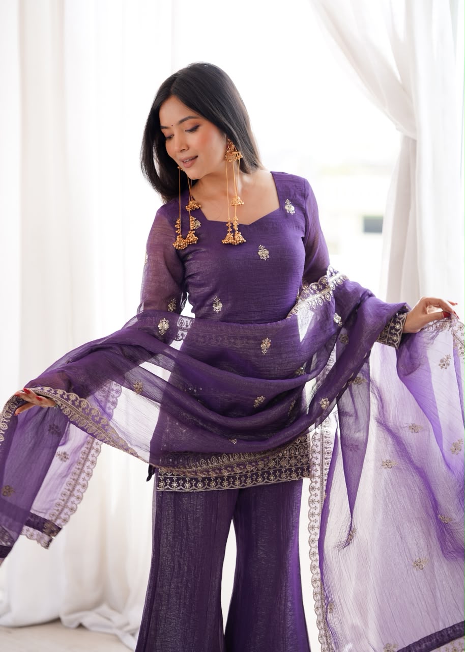 Crunchy Silk Embroidered Co-ord Set with Bell Bottom Pants