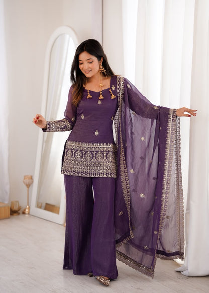 Crunchy Silk Embroidered Co-ord Set with Bell Bottom Pants