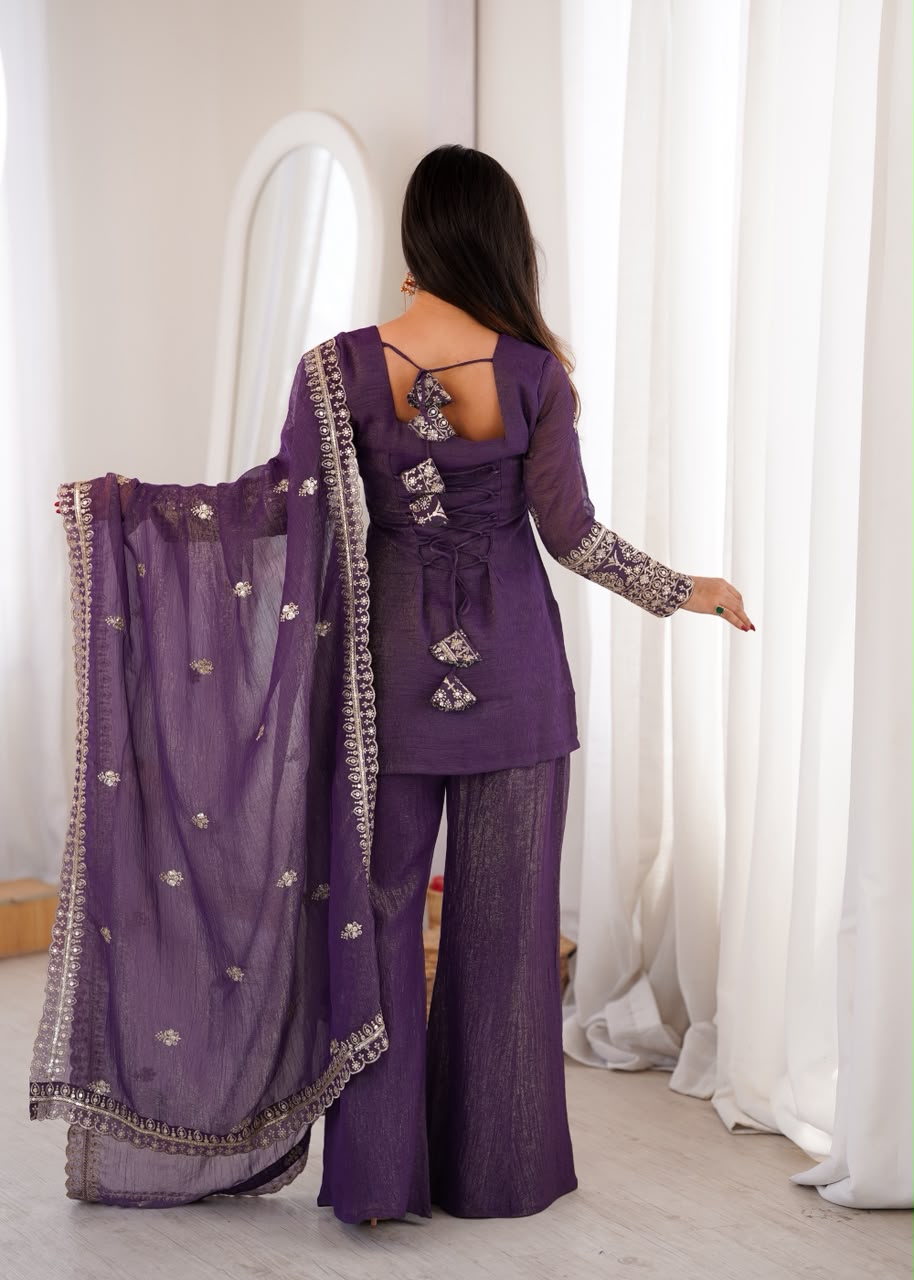 Crunchy Silk Embroidered Co-ord Set with Bell Bottom Pants