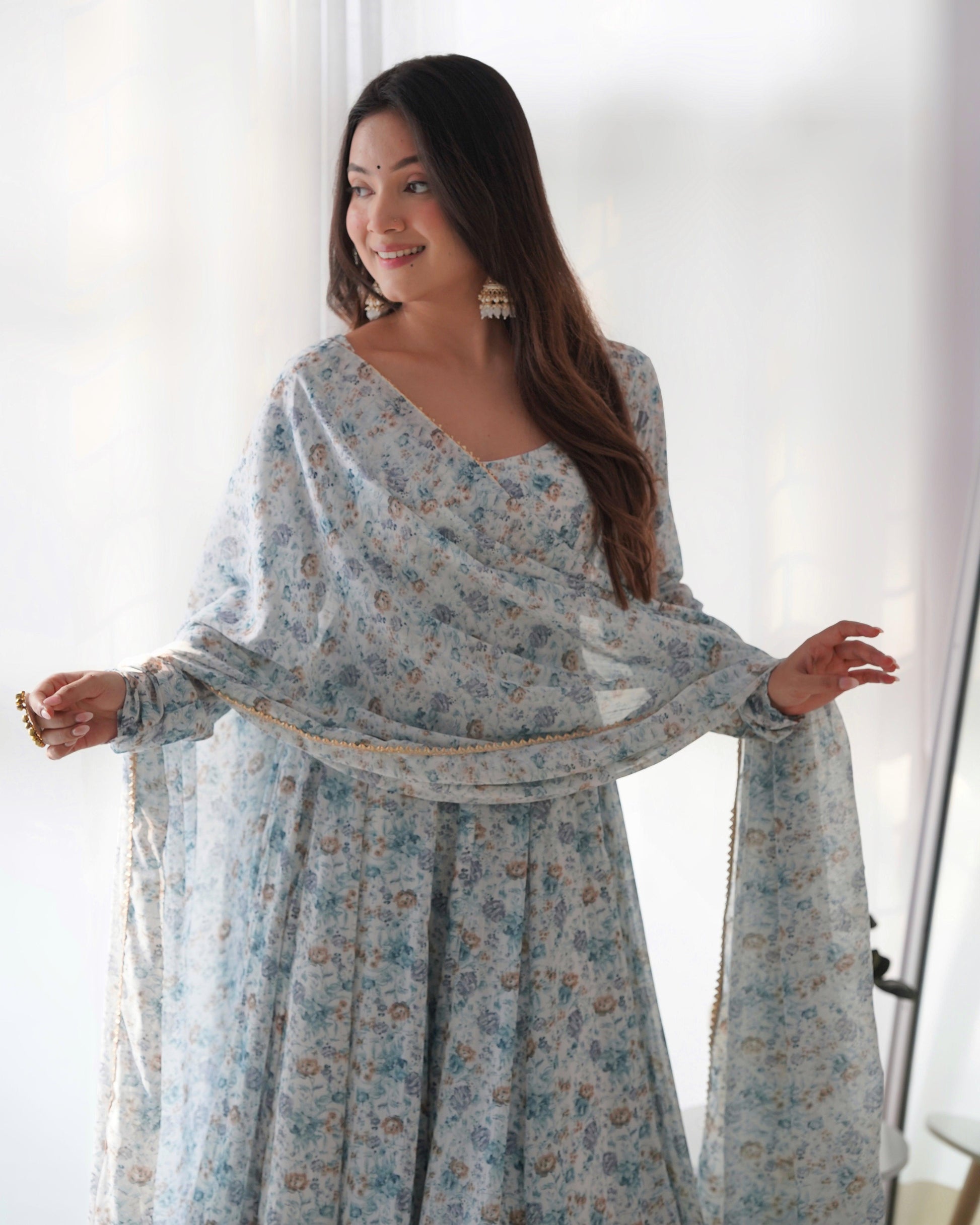 chiffon floral anarkali dress Royal Blue Bandhani Printed Chiffon Anarkali Suit Set (48-RoyalBlue-AFNKB)