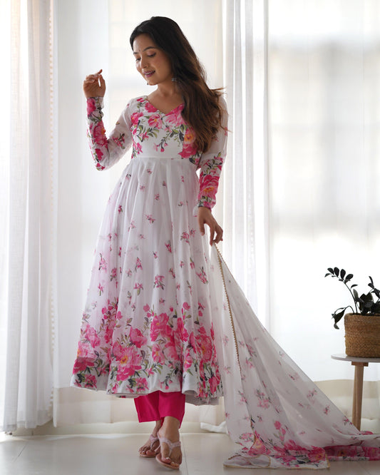 White & Pink floral Organza Anarkali - Gracious You