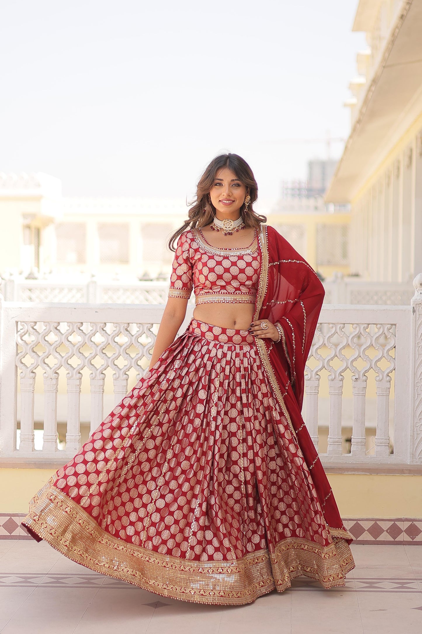 Coin Work Lehenga With Sequins Embroidered Dupatta