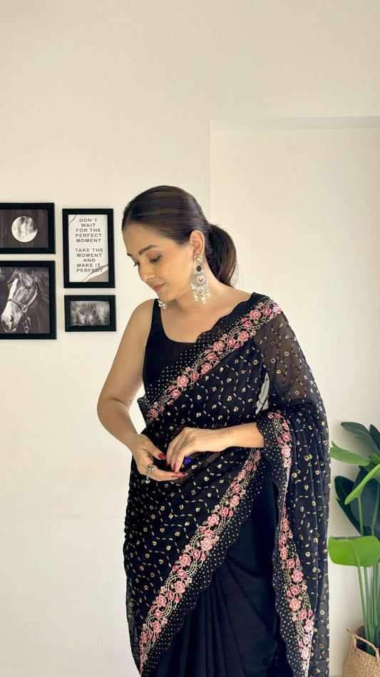 Black Soft Georgette Embroidered Saree