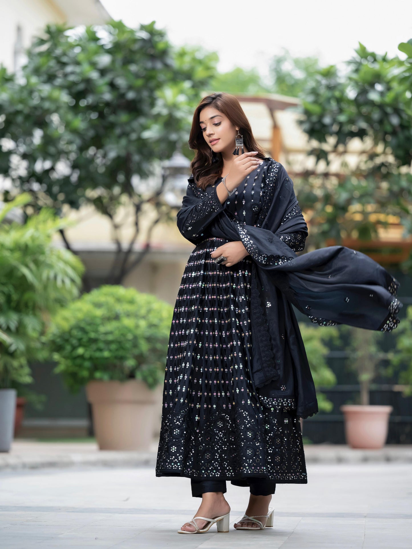 Sequins Sparkle Black Anarkali Kurti Set