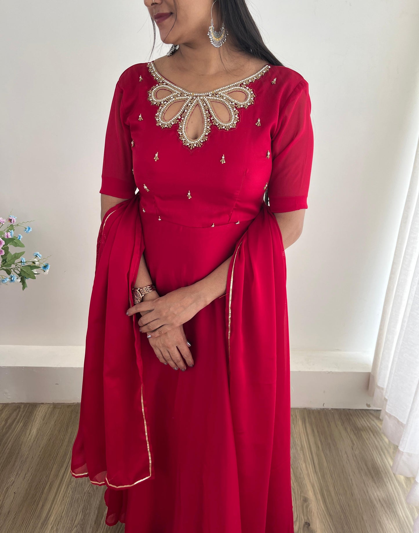Chic Red Gown with Intricate Motiwork