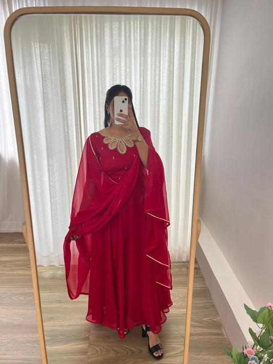 Chic Red Gown with Intricate Motiwork