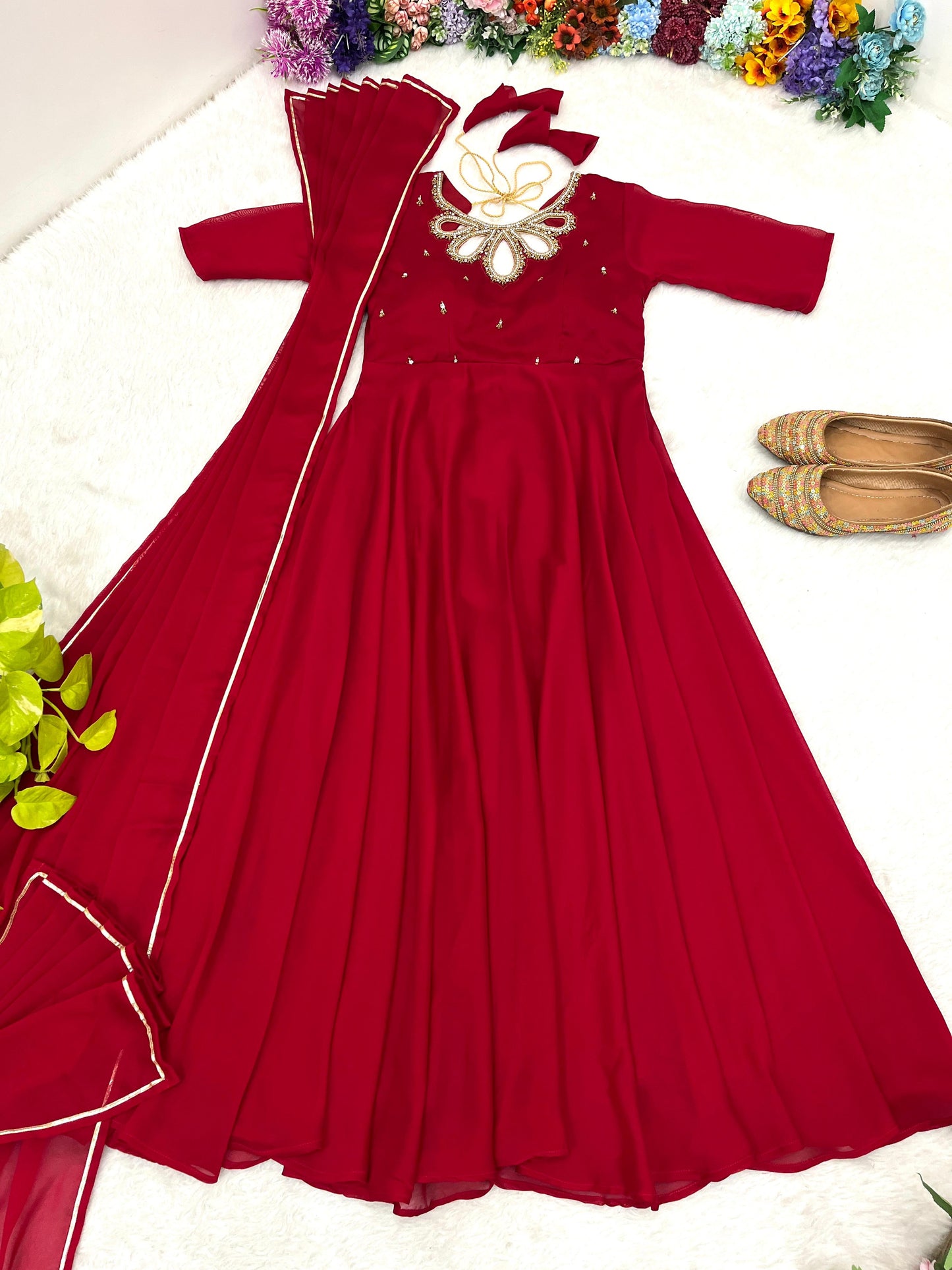 Chic Red Gown with Intricate Motiwork