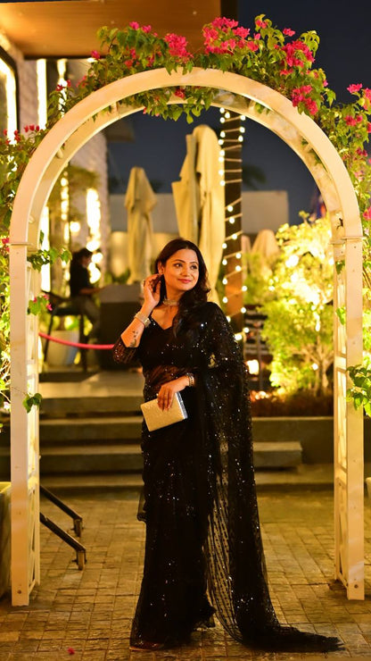 Black Shimmer Threadwork Saree