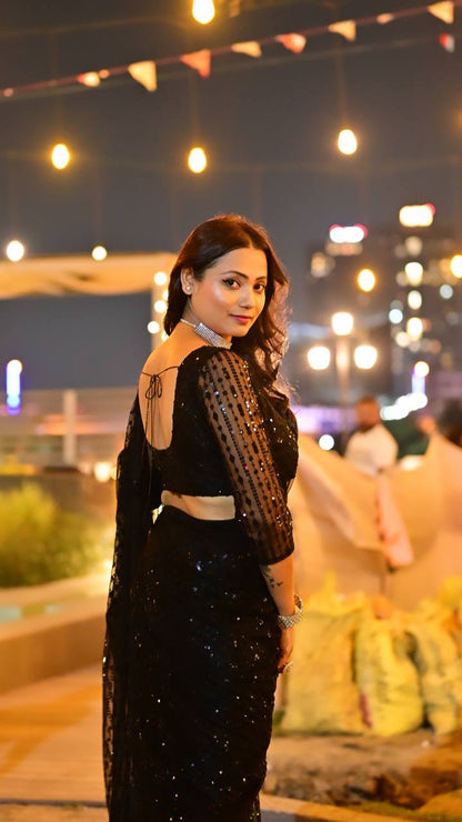 Black Shimmer Threadwork Saree