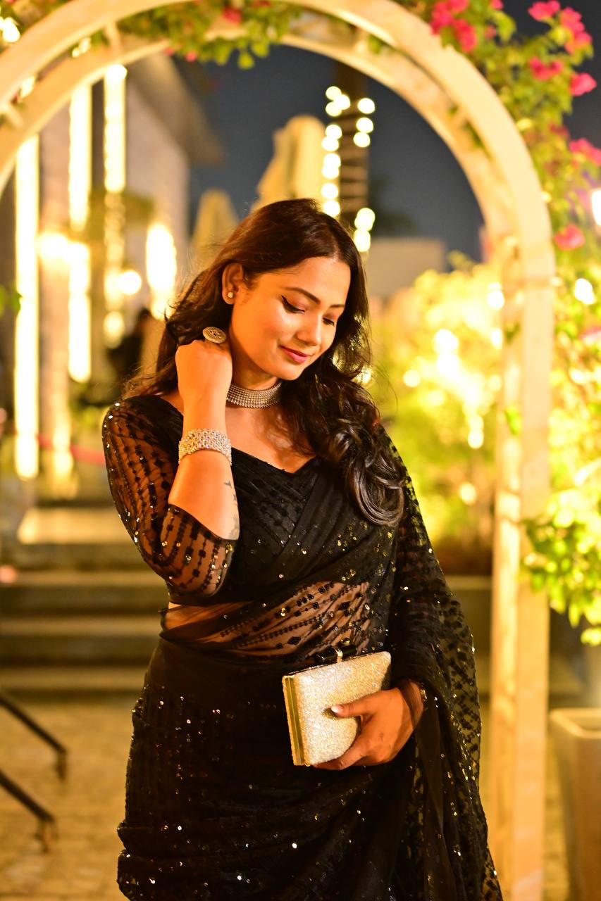 Black Shimmer Threadwork Saree