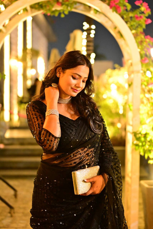 Black Shimmer Threadwork Saree