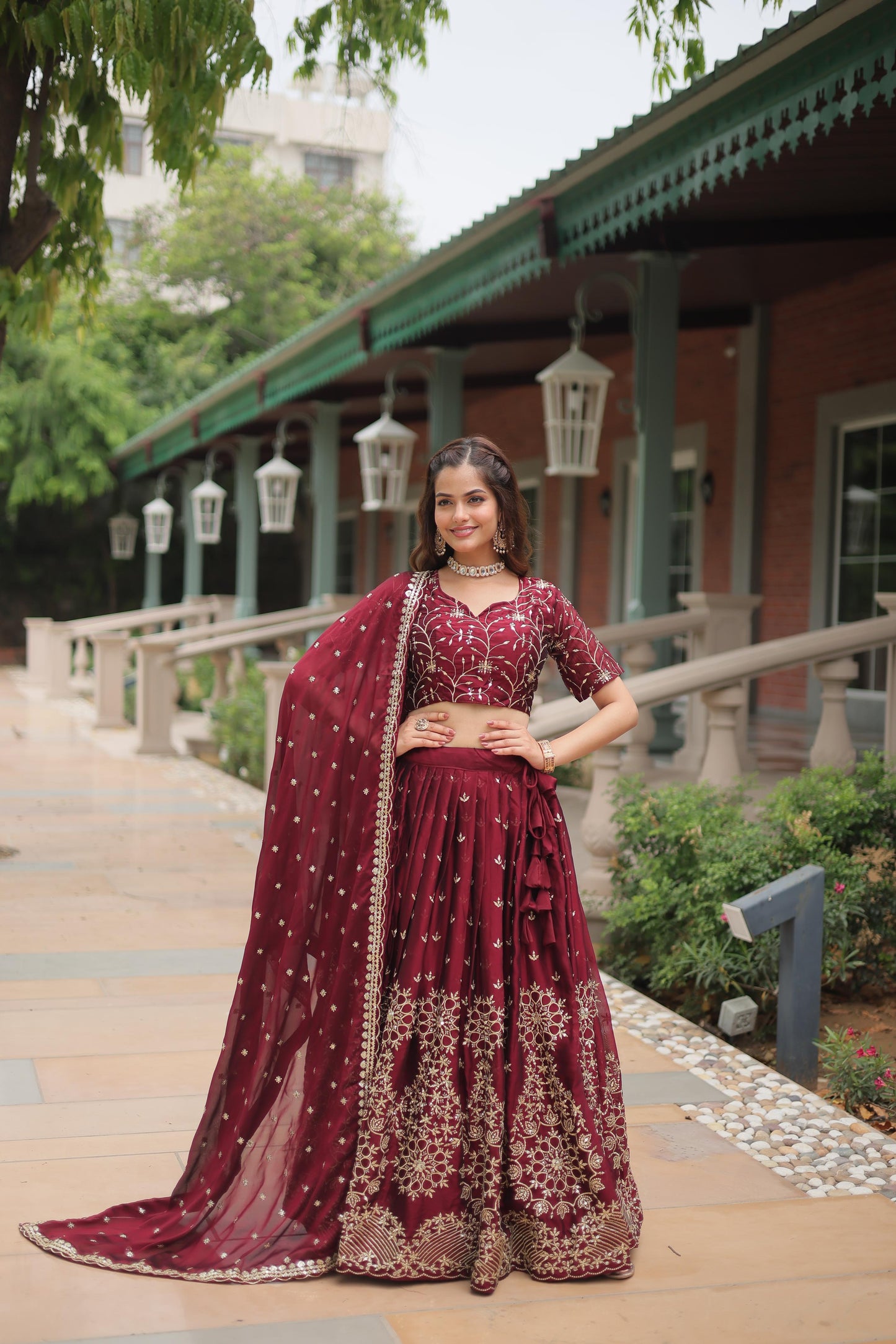 Lavish Maroon Threadwork Lehenga Ensemble