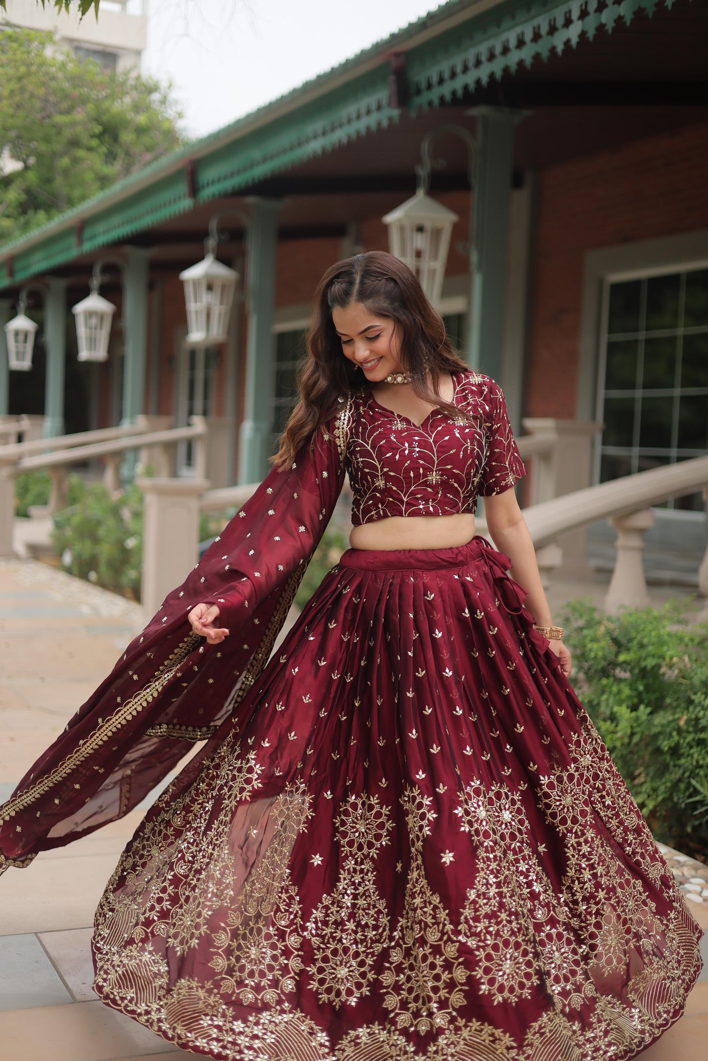 Lavish Maroon Threadwork Lehenga Ensemble