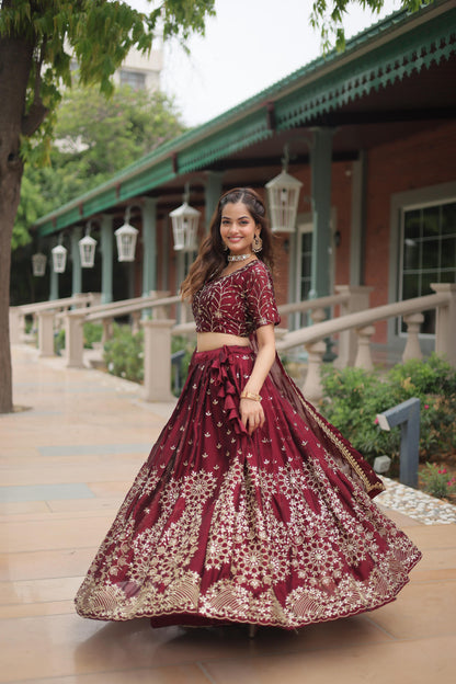 Lavish Maroon Threadwork Lehenga Ensemble