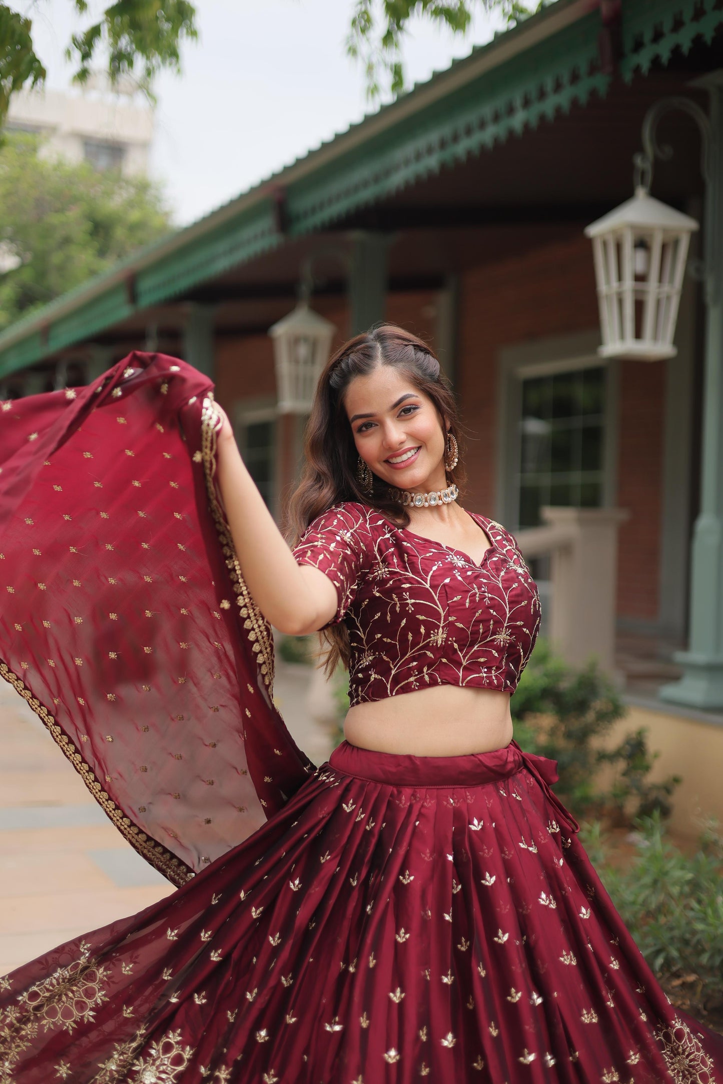 Lavish Maroon Threadwork Lehenga Ensemble