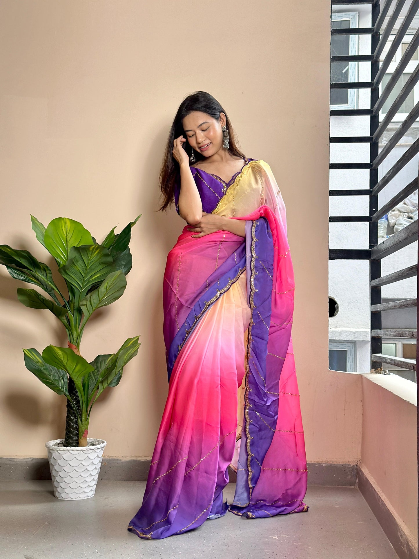 Beautiful Shaded Georgette Satin Saree